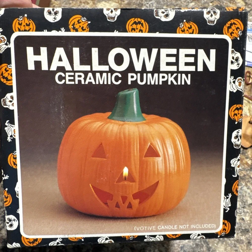 Halloween Ceramic Pumpkin Jack o Lantern 1980's Vintage Candle Holder